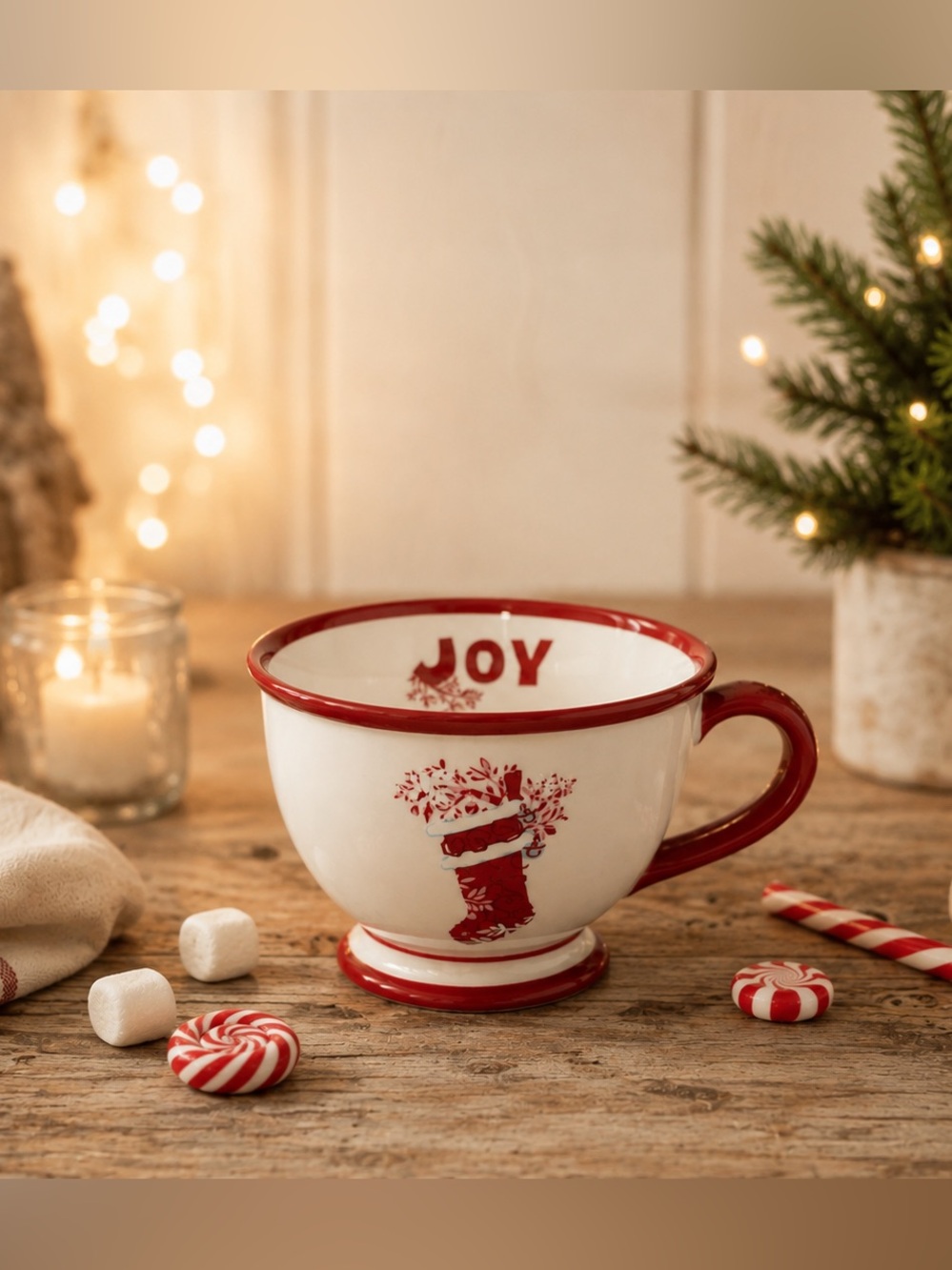 Vintage Starbucks 2007 JOY Holiday Christmas Mug w/ footed Pedestal Red Stocking